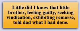 Little did I know that little brother, feeling guilty, seeking vindication, exhibiting remorse, told dad what I had done.  