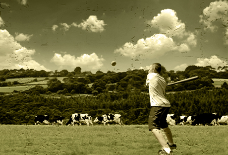 People playing baseball in a pasture